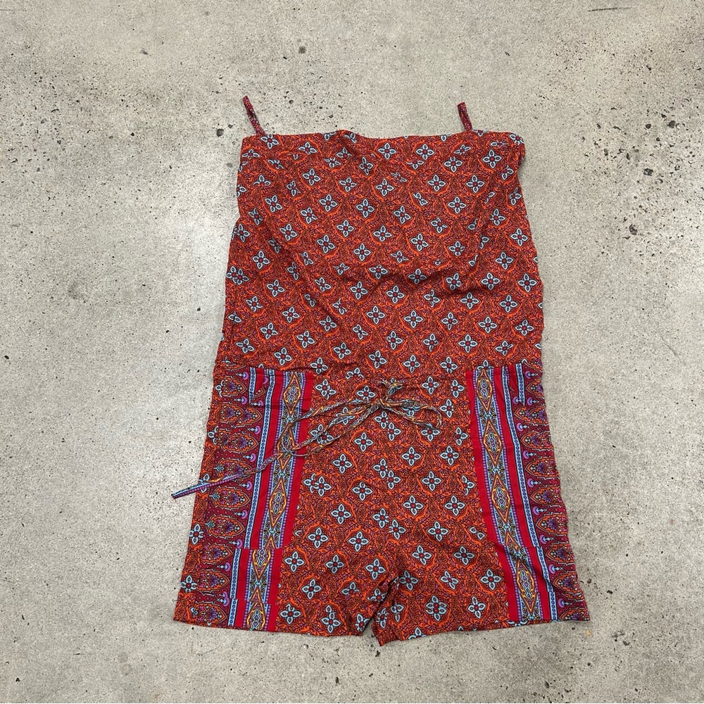 Earthbound Trading Co Orange Blue Boho Strapless Tube Top Romper Pockets Large - Picture 3 of 6